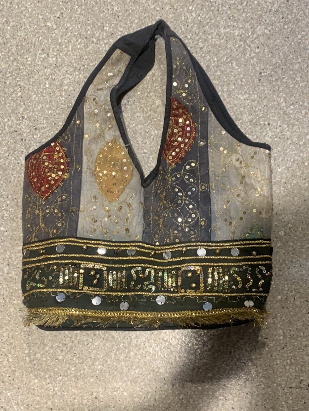 #730 Embellished Vintage-Style Beaded Tote Bag in Black and Gold With Bells